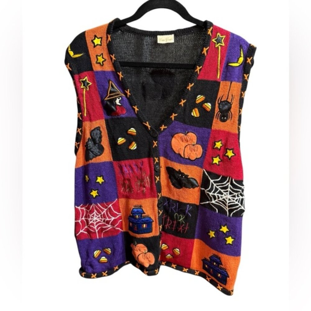 Vintage Bobbie Brooks Halloween Pumpkin Patchwork Sweater Knit Vest Embroidered